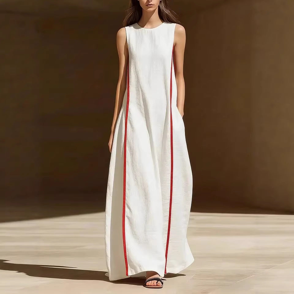 Women's Sleeveless Linen Blend Maxi Dress with Side Stripe Detail - Image 3