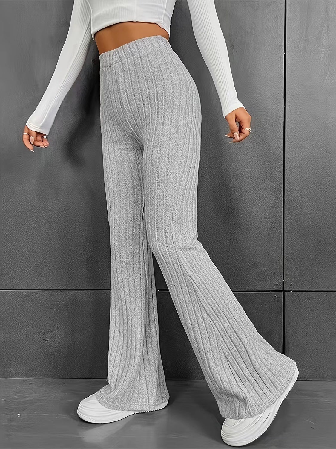 Ribbed High Waist Bootcut Pants | Polyester