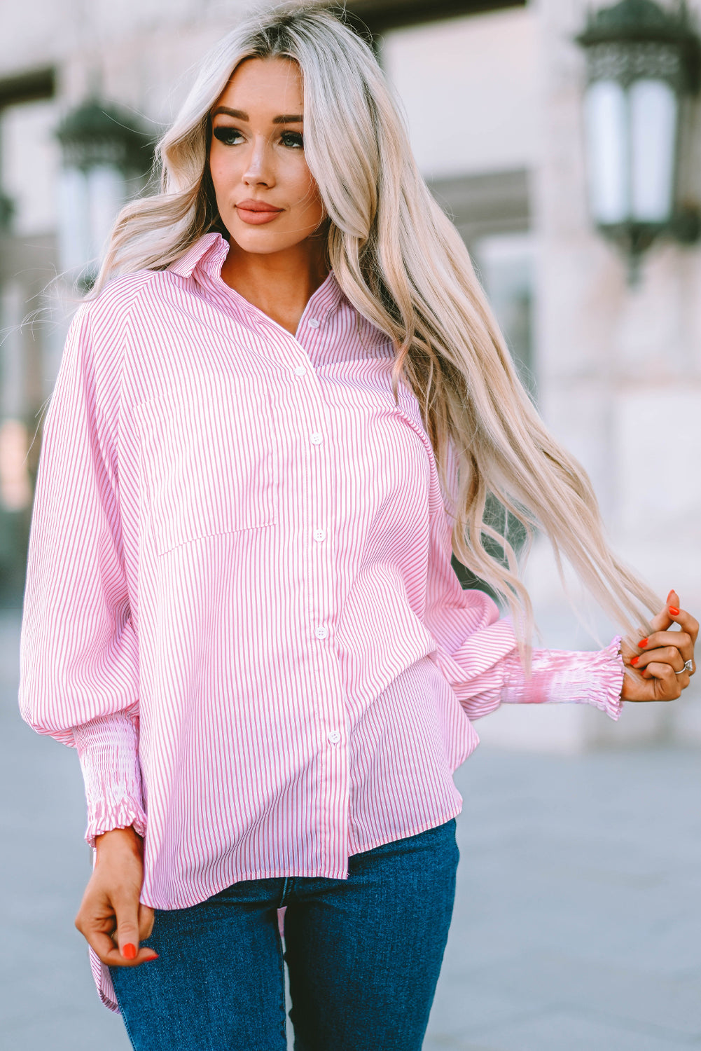 Stripe Smocked Long Sleeve Button-Up Shirt