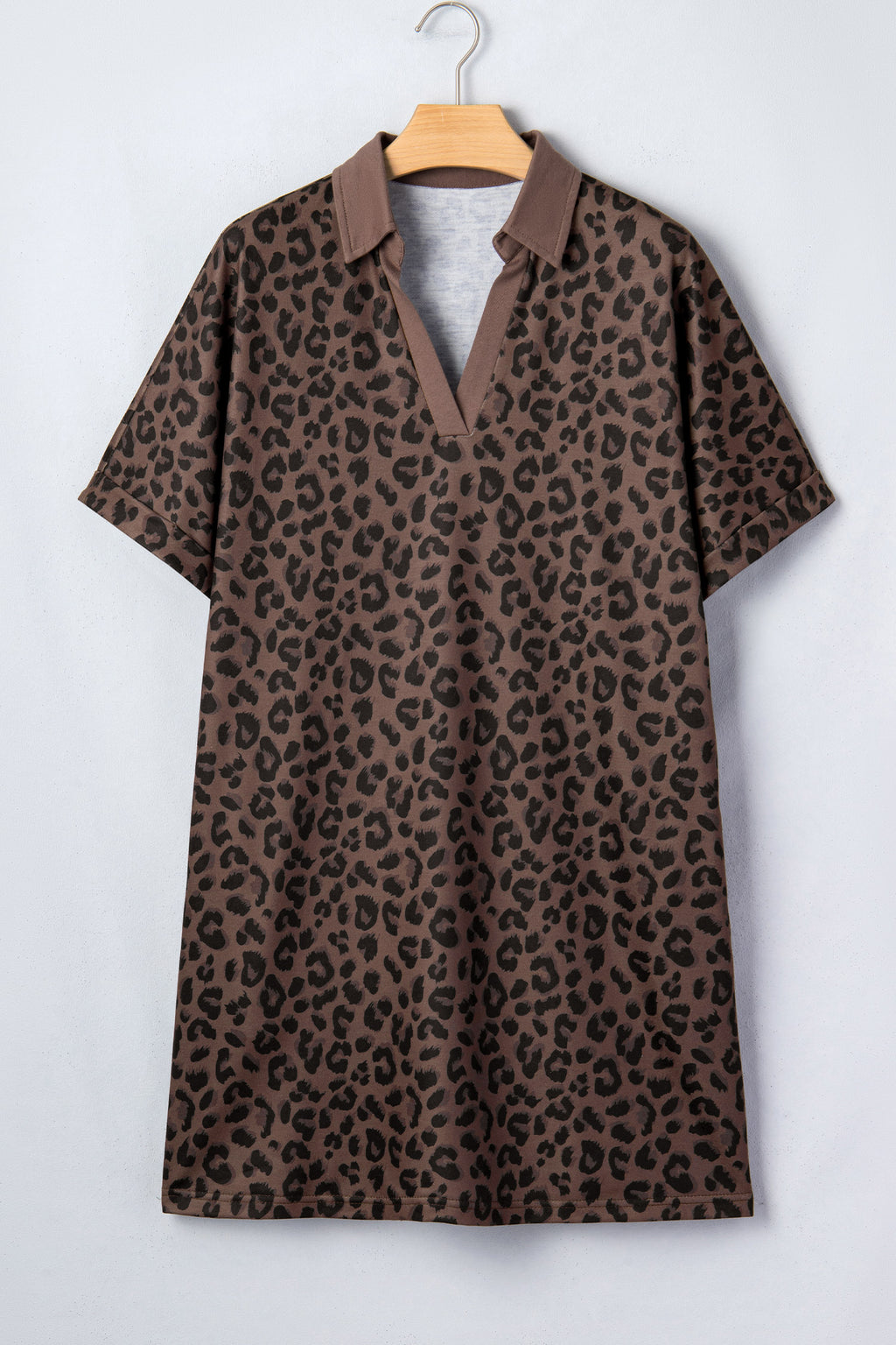Brown Leopard Print Contrast Collar V-Neck Mini Dress