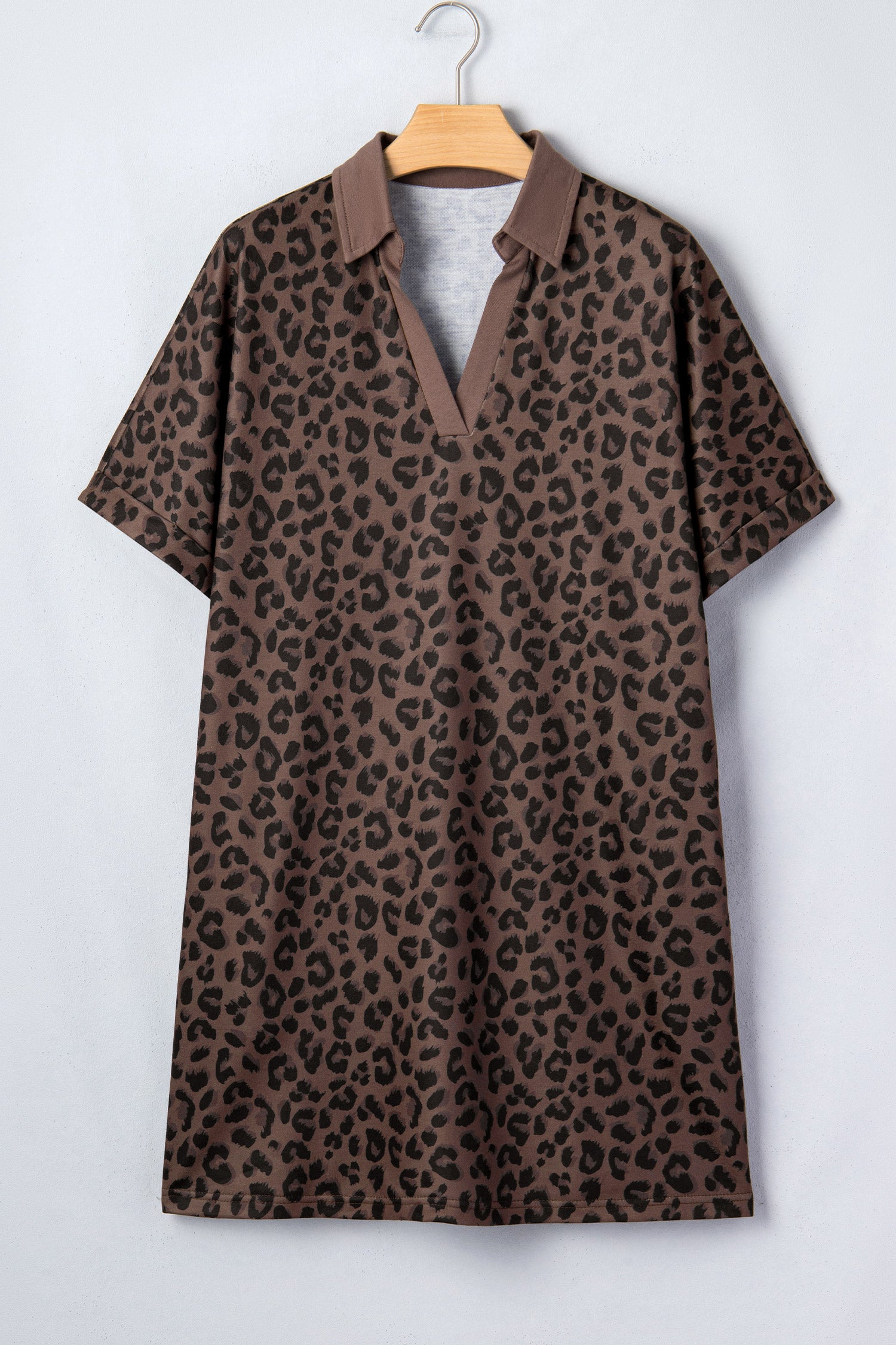 Brown Leopard Print Contrast Collar V-Neck Mini Dress