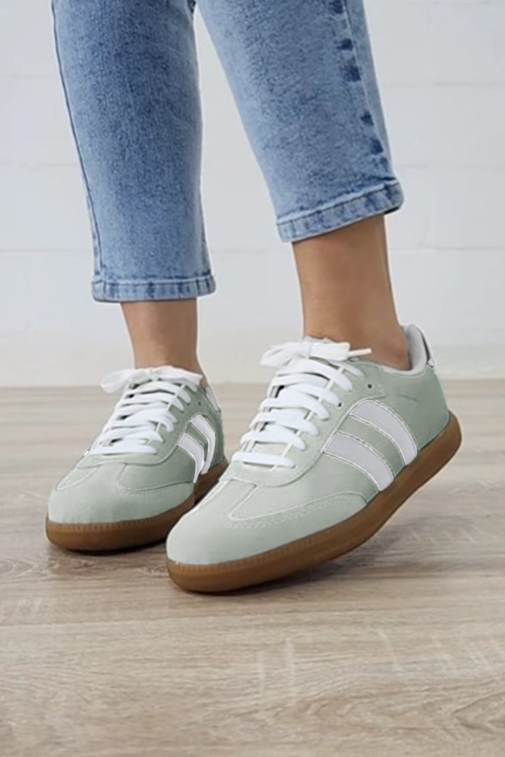 White Striped Lace Up Flat Sneakers Casual Retro Tennis Shoes - Image 19