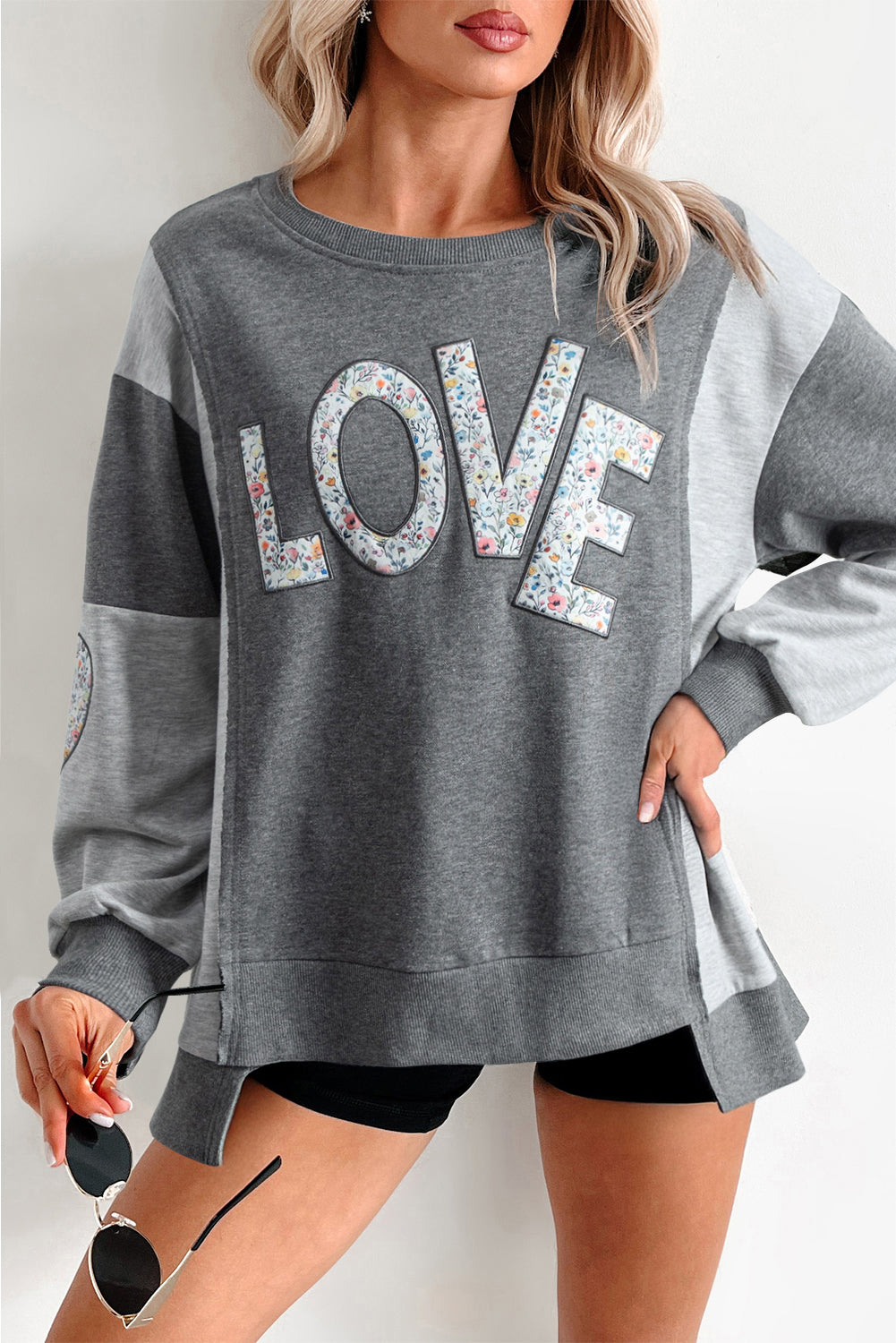 Dark Grey Floral Patchwork LOVE Graphic Sweatshirt | Uneven Hem