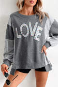 Dark Grey Floral Patchwork LOVE Graphic Sweatshirt | Uneven Hem