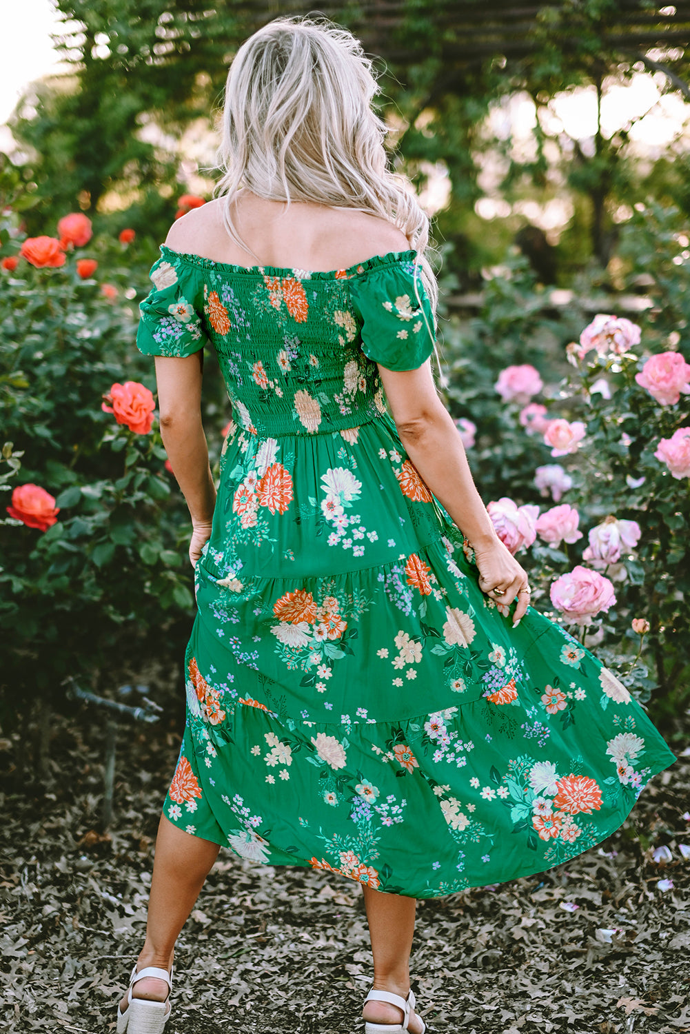 Floral Bubble Sleeve Smock Tiered Midi Dress