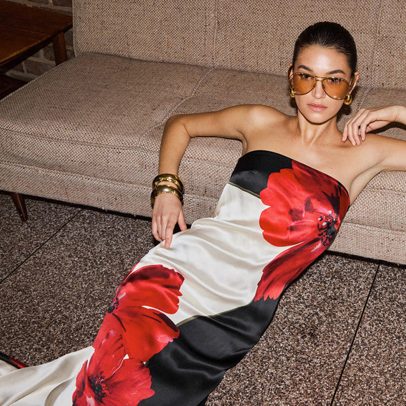 Contrast Color Sleeveless Satin Floral Tube Top Long Dress