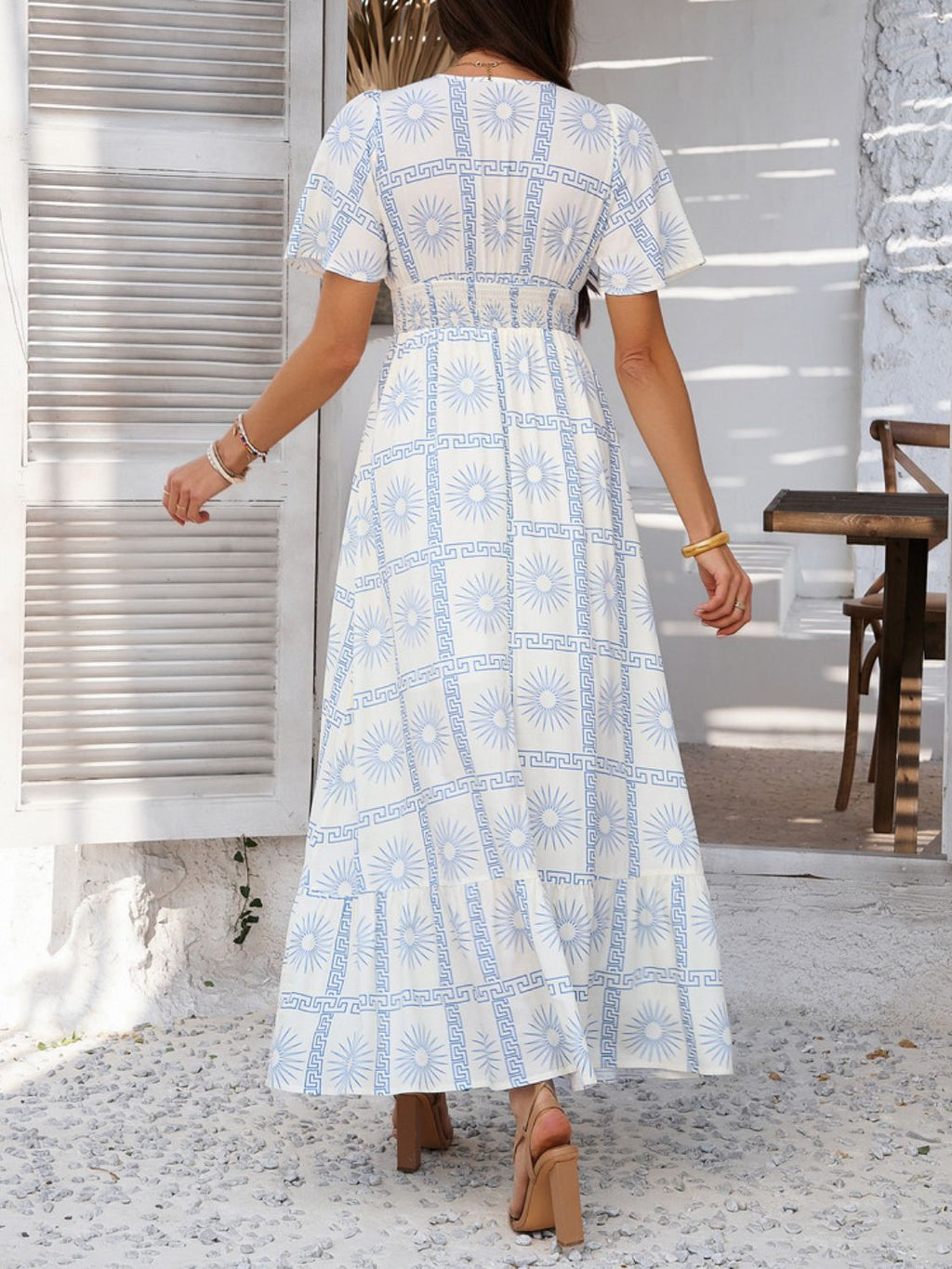 Printed V-Neck Short Sleeve Maxi Dress with Smocked Detail