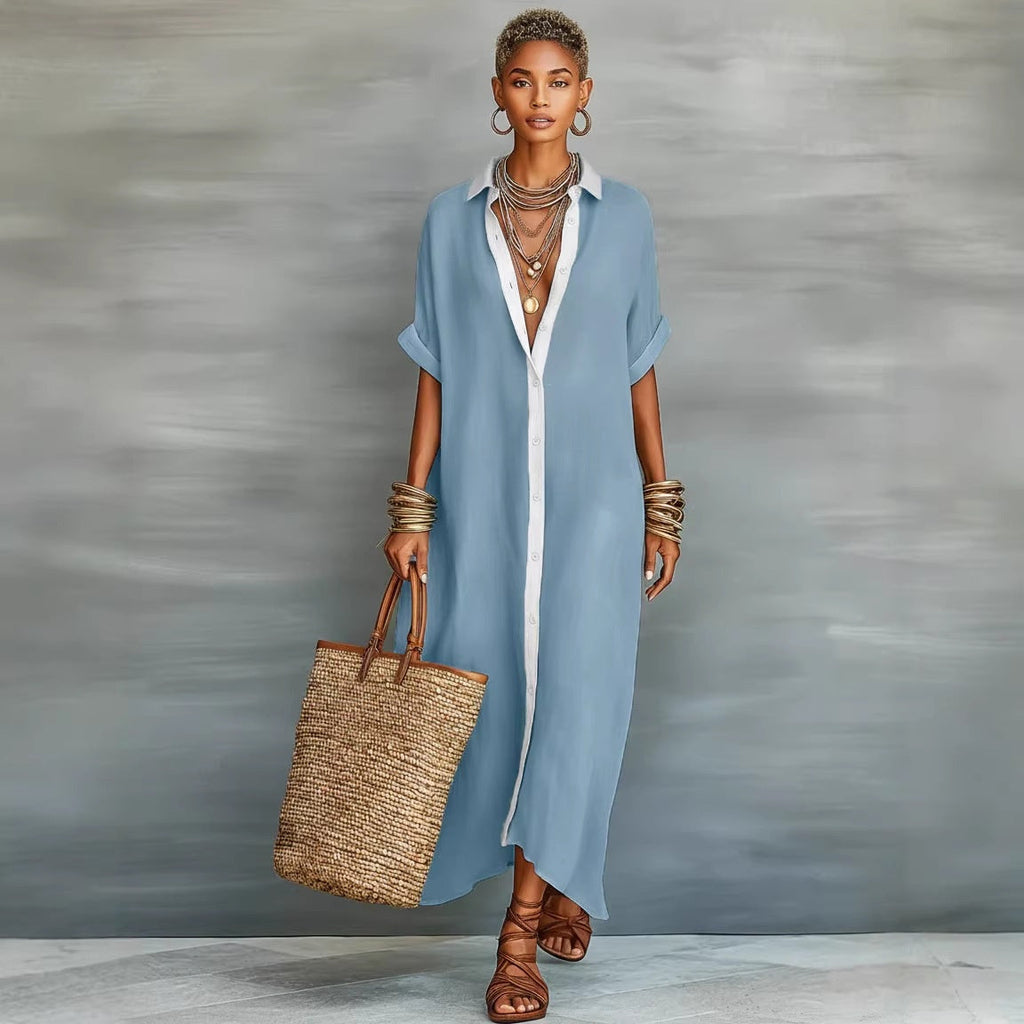 Color-Block Shirt Maxi Dress – Women's Loose Button-Front Long Dress with Contrast Collar