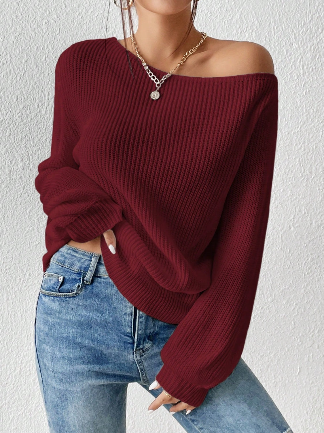 Women's White Off-the-Shoulder Long Sleeve Ribbed Knit Sweater - Image 18