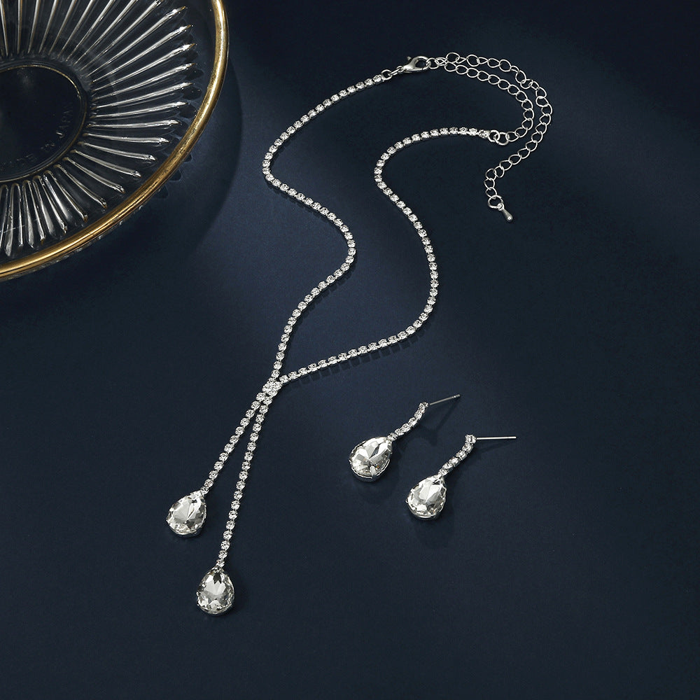 Cross-Border E-Commerce Hot-Selling European And American Fashionable And Elegant Water Drop Necklace And Earrings Two-Piece Set Rhinestone Jewelry Set