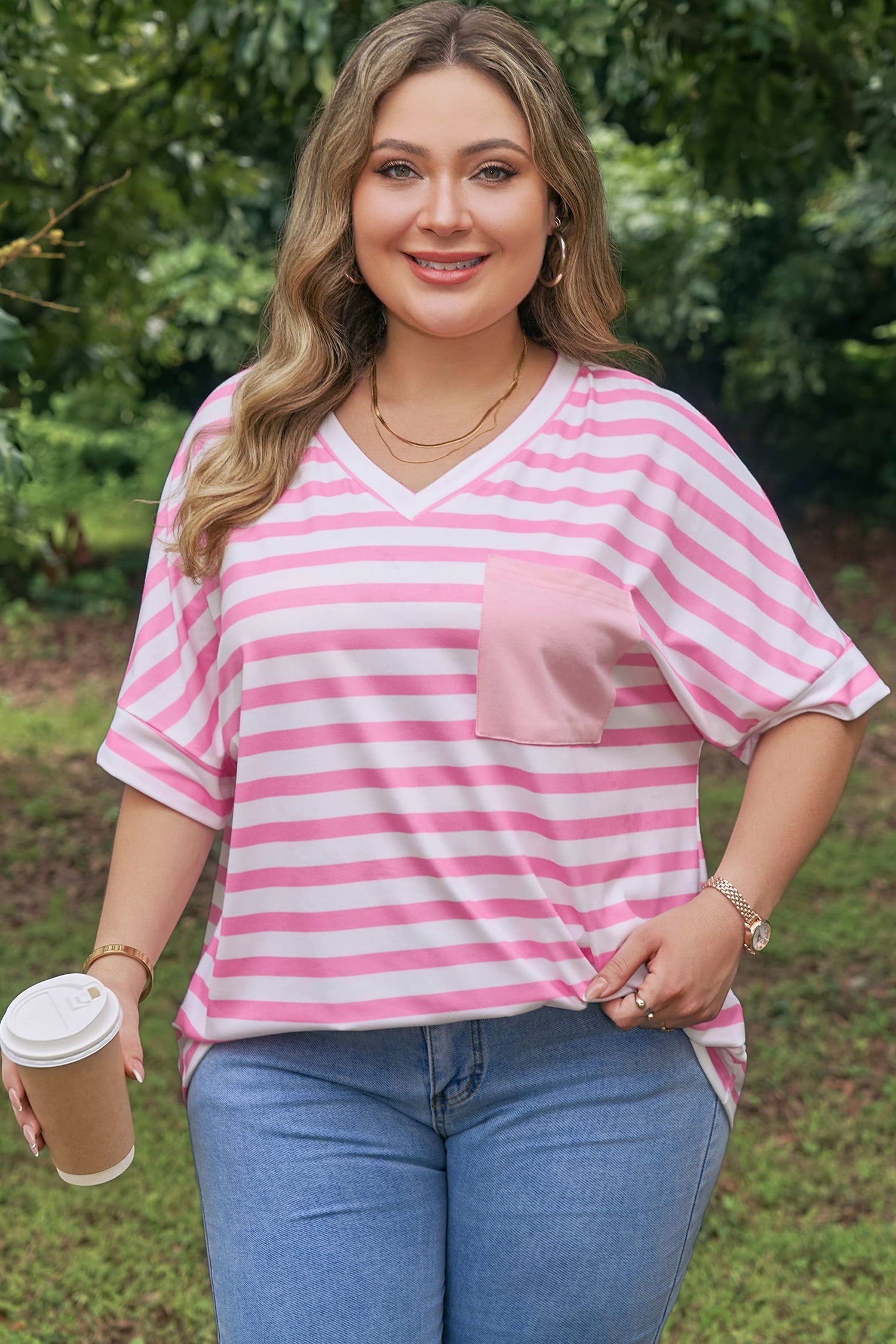 Stripe Colorblock V-Neck Tee with Patched Pocket