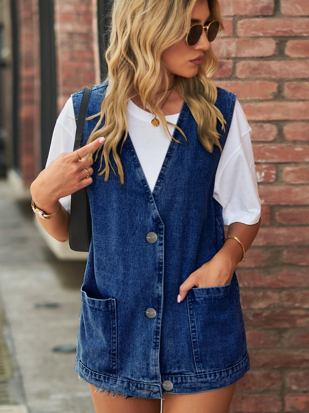 V-Neck Button Up Denim Vest | Rayon Blend