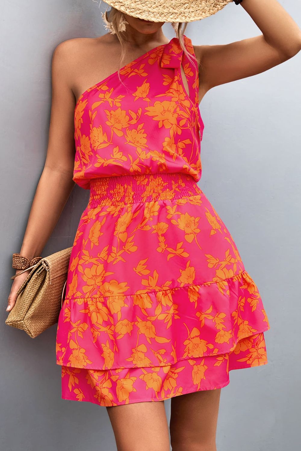 Pink Smocked One-Shoulder Printed Mini Dress Summer Style