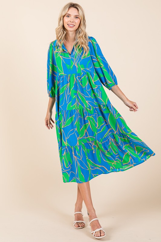 Tiered Printed Midi Dress with Collared Neck in Blue and Green