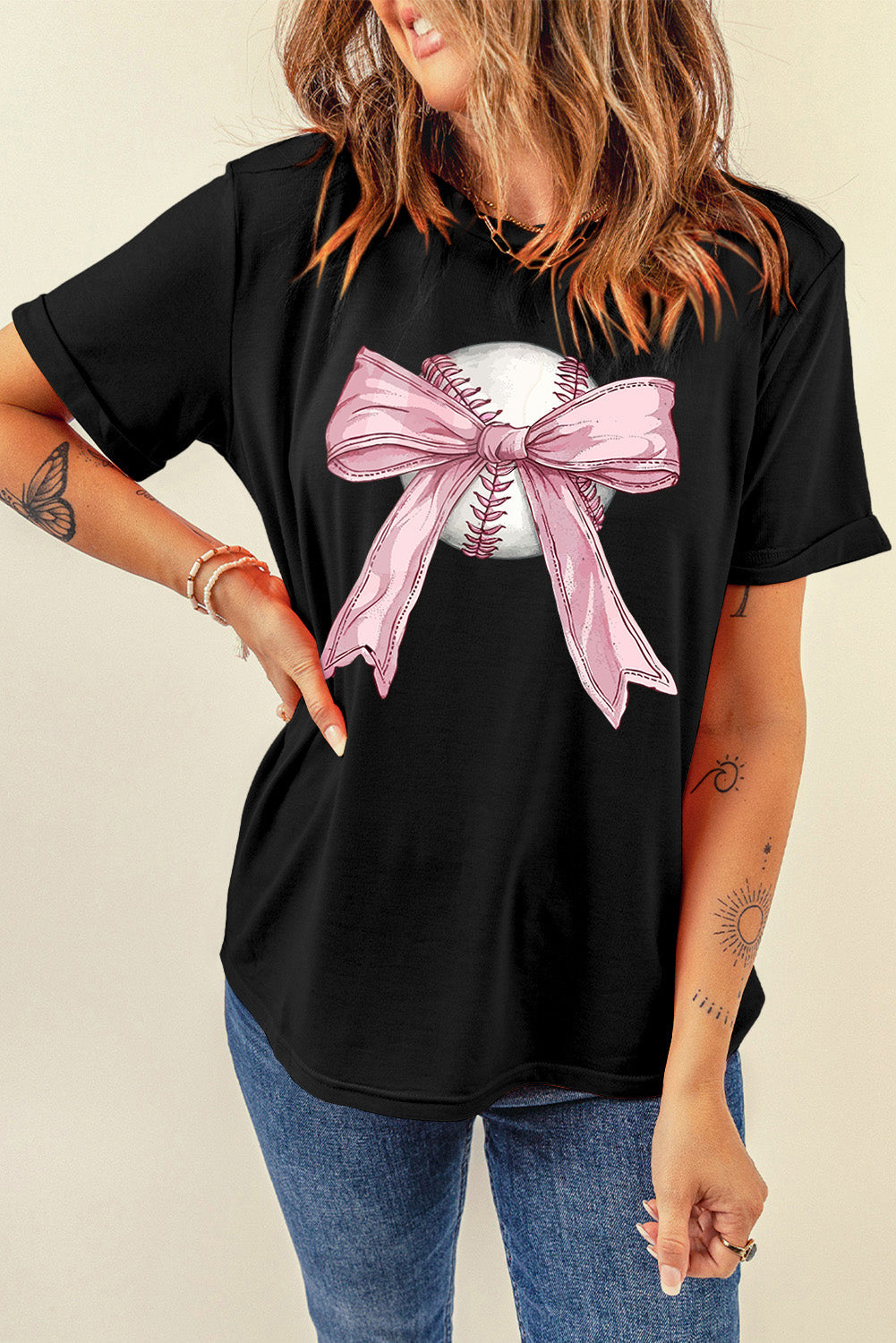 Black Baseball Bow Knot Print Round Neck T-Shirt