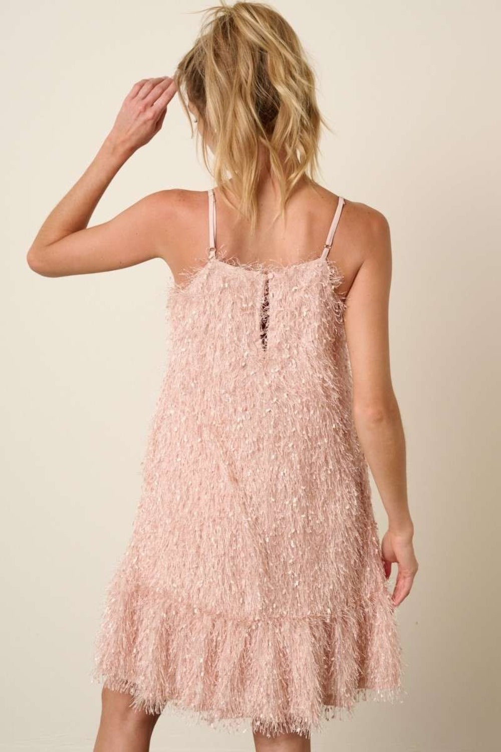 Feather Ruffle Hem Mini Cami Dress in Blush Pink