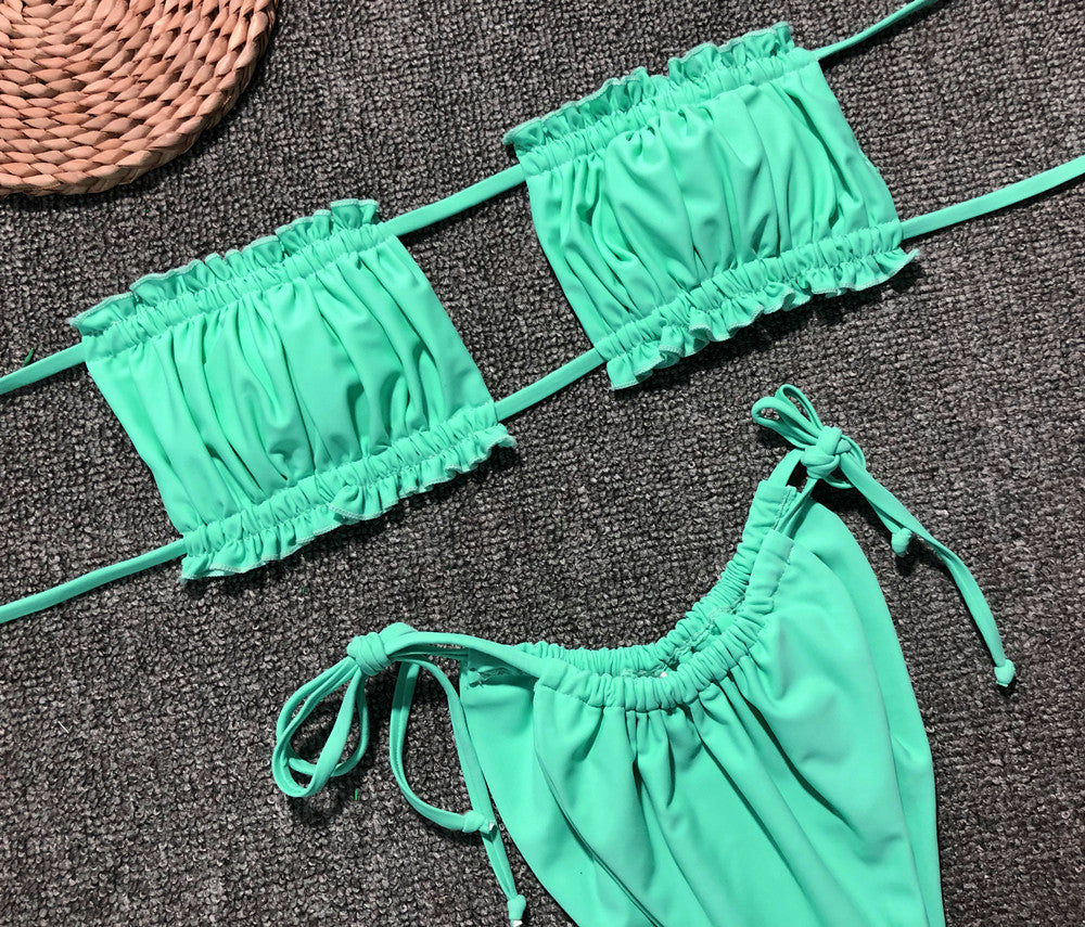 Yellow Ruched Bikini Set with Flirty Frill Trim and Tie Sides - Image 27