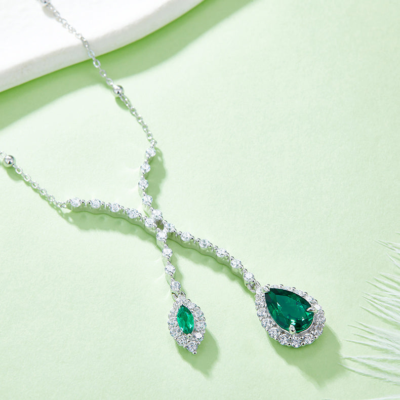 S925 Silver 7.2g 1.88ct Lab-Created Emerald Lariat Necklace, 11x7mm 6x3mm, 40&5cm