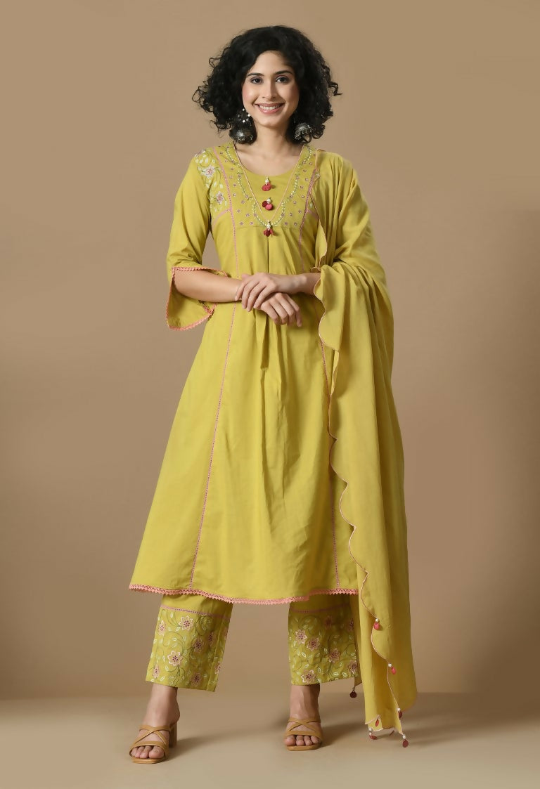 A 3-piece Mehendi cotton kurta set featuring a matching bottom and organza dupatta.