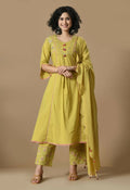 A 3-piece Mehendi cotton kurta set featuring a matching bottom and organza dupatta.