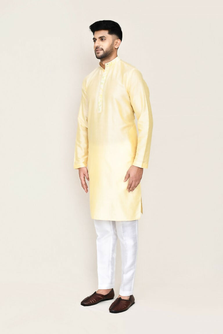 Cream Art Silk Kurta Set with Straight Fit Pant