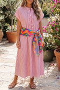 Close up of the Gabrielle striped long dress showing half button front and frilled details