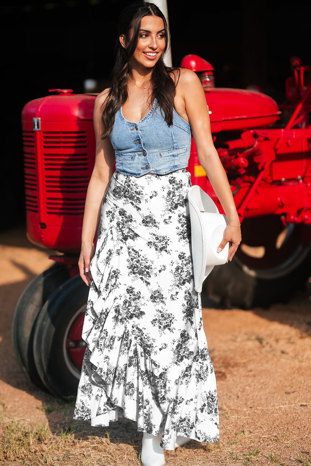 Black Boho Floral High Waist Ruffle Split Maxi Skirt