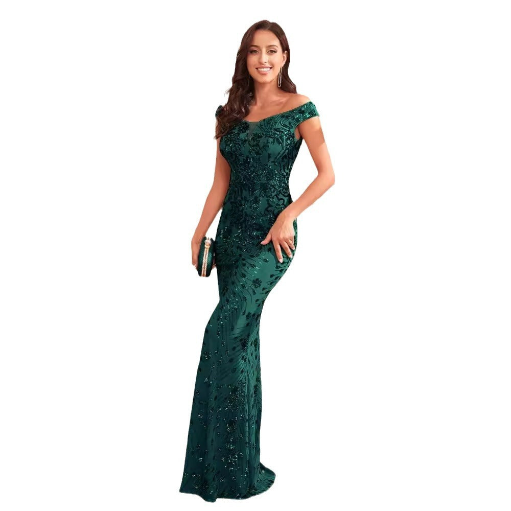 Green Sequined Off-Shoulder Fishtail Formal Evening Gown