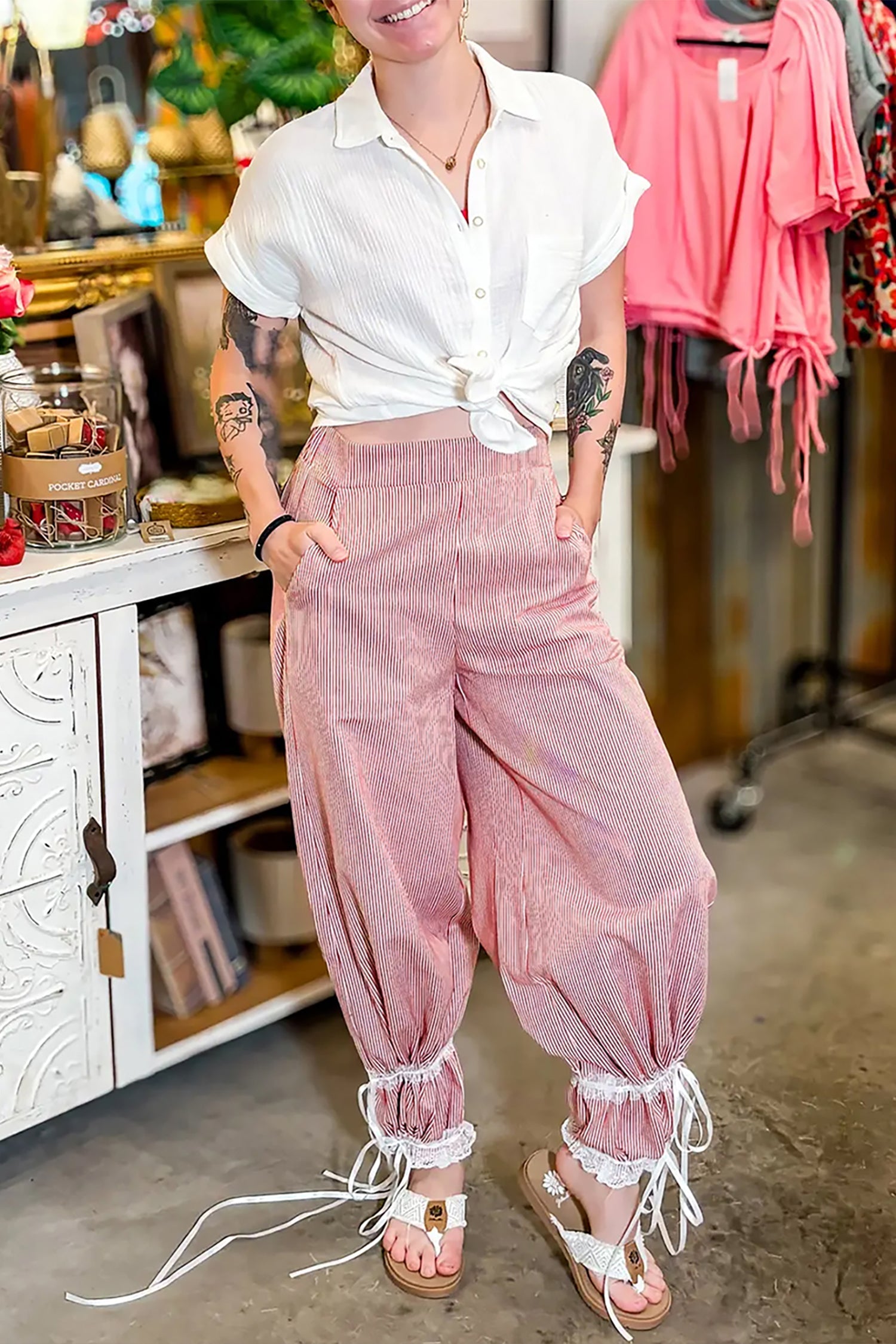Red Stripe Wide Leg Pants with Contrast Lace Ribbon Tie Detail