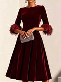 Velvet Midi Dress with Feather Cuffs