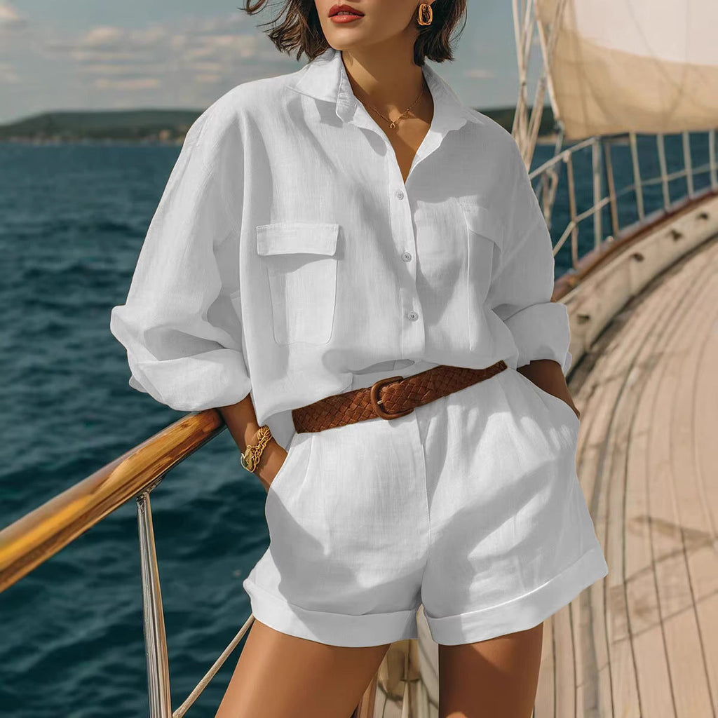 Women's Loose Fit Button Down Shirt and Shorts Casual Set - Image 2