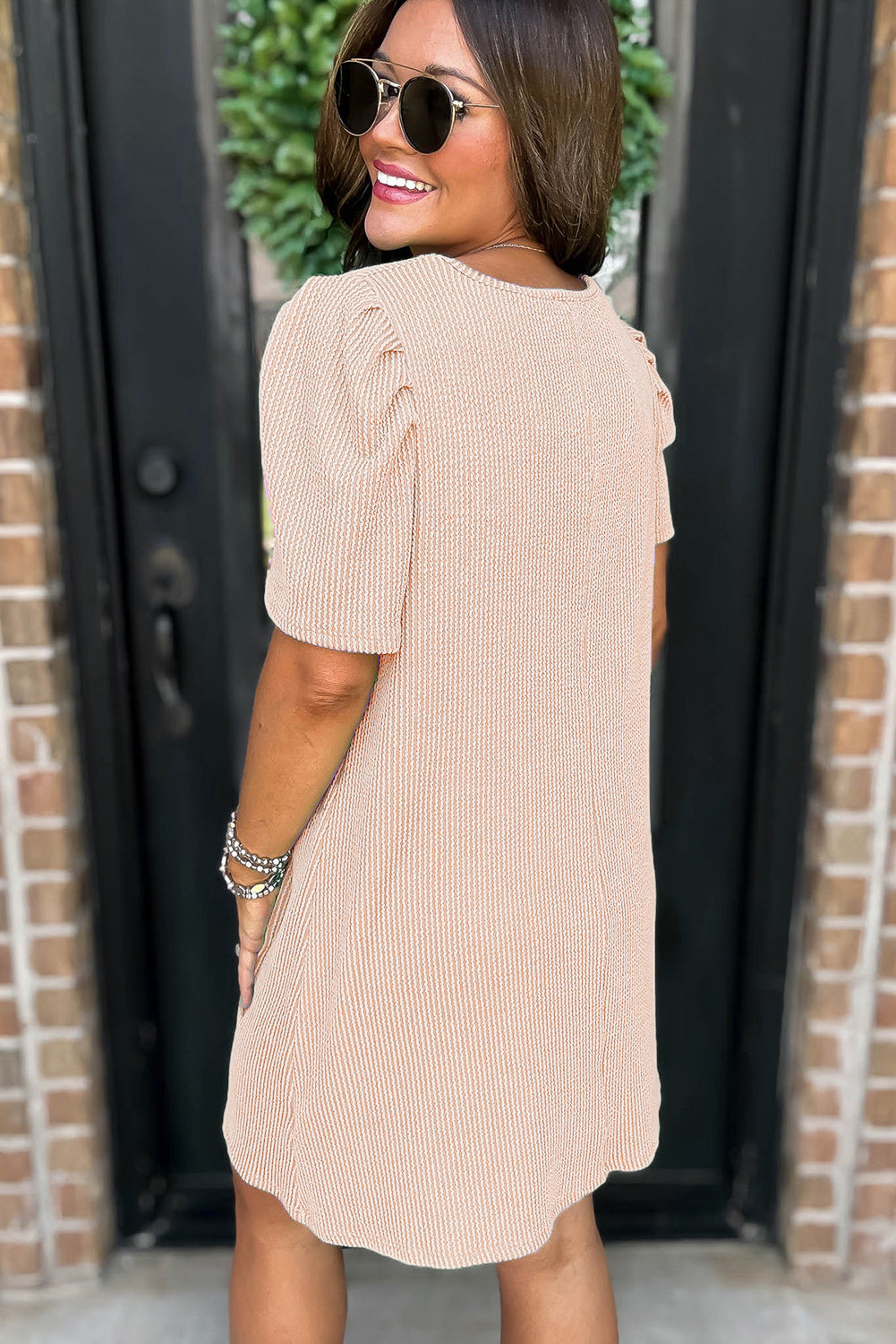 Parchment Corded Knit Puff Sleeve Shift Mini Dress
