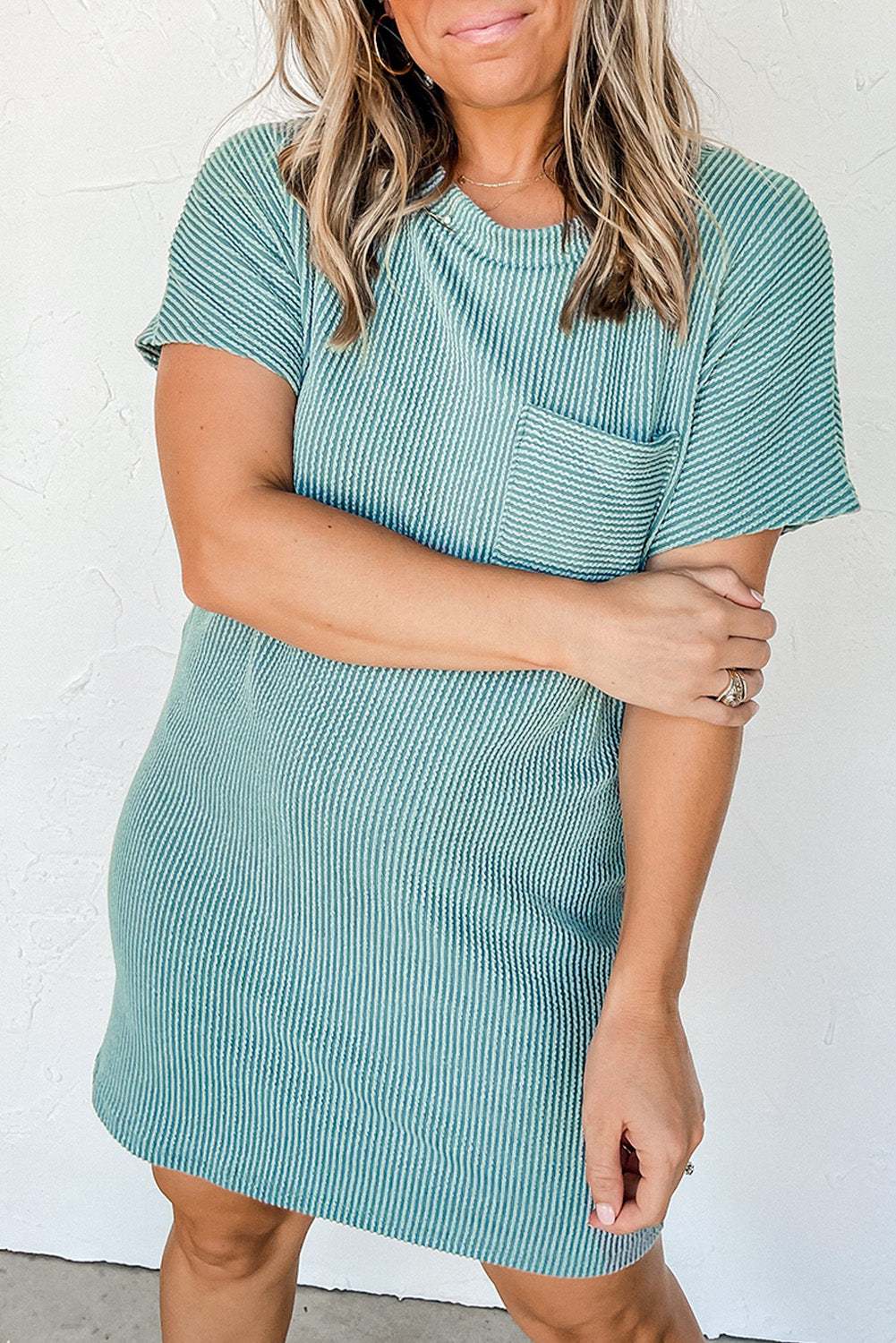 Blue Striped Ribbed Knit T-Shirt Shift Dress | Casual