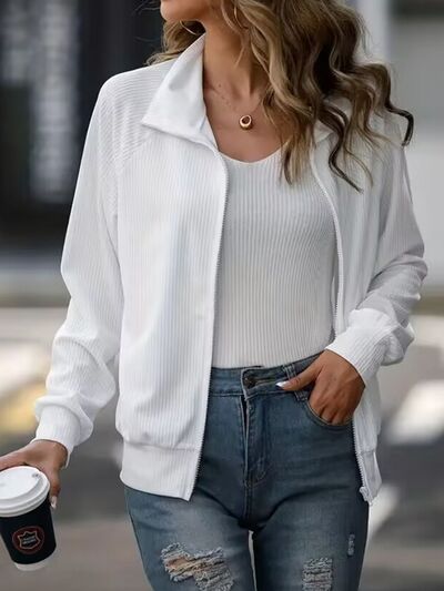 Women's White Zip-Up Collared Jacket with Raglan Sleeves