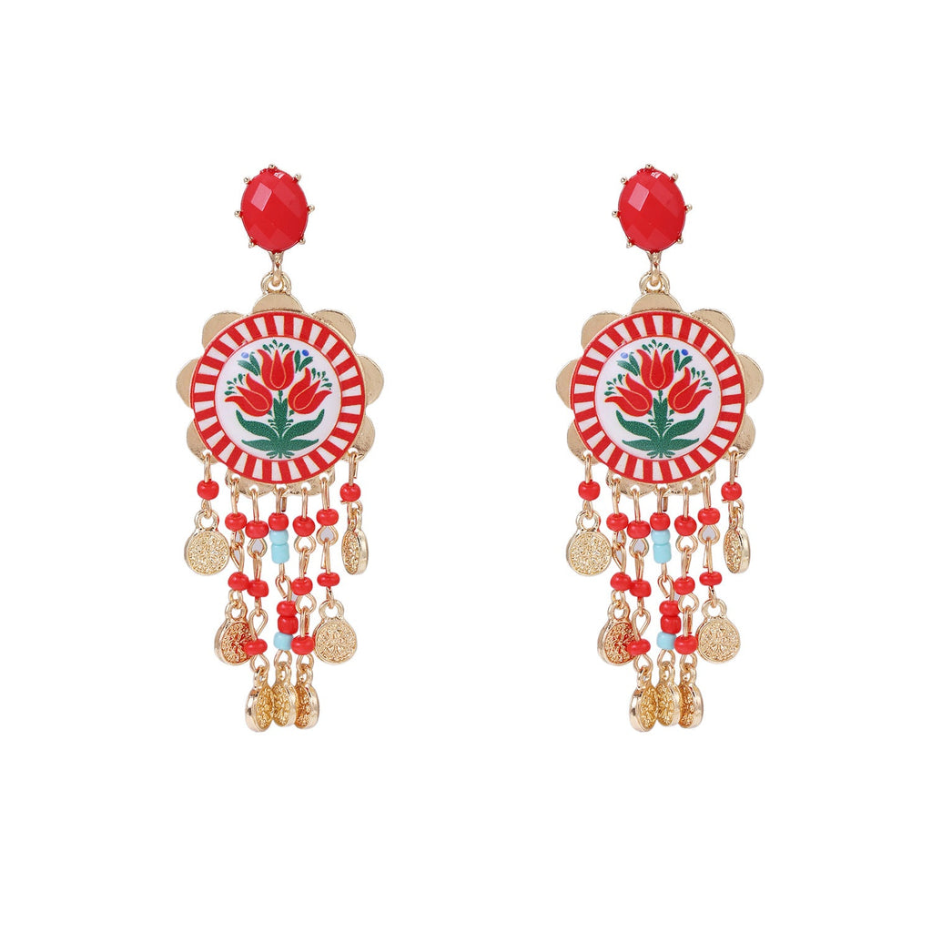 Waterfall Tassel Tulip-Print Earrings, Bohemian Statement Jewelry