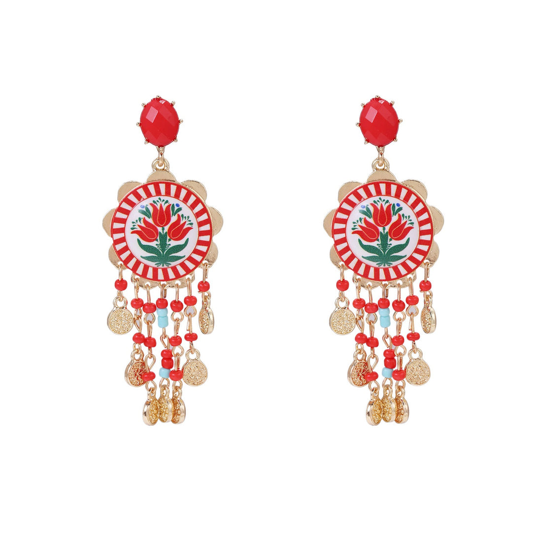 Waterfall Tassel Tulip-Print Earrings, Bohemian Statement Jewelry