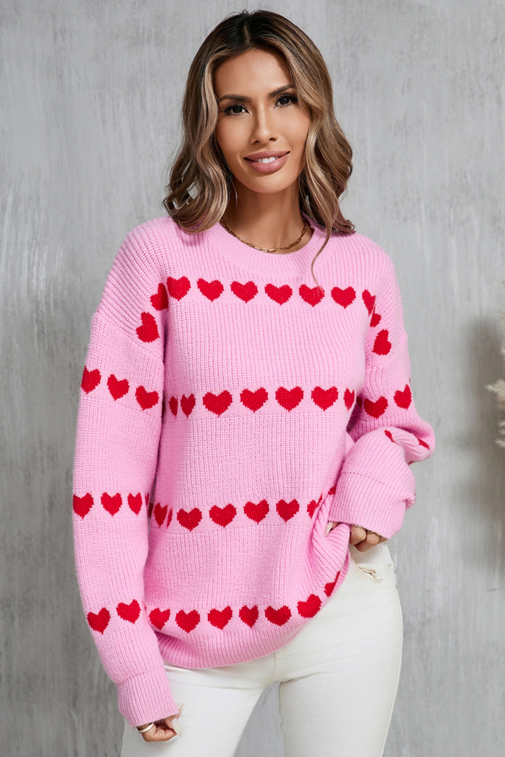 White Red Heart Print Long Sleeve Crew Neck Sweater - Image 13