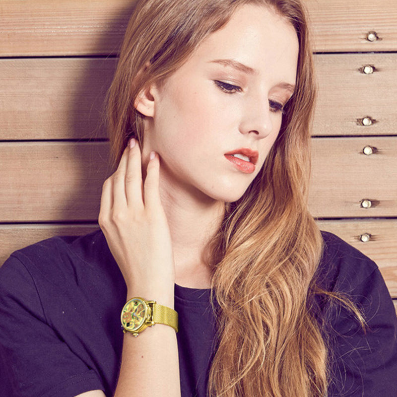 Van Gogh Women's Quartz Watch 3D Printed Oil Painting Dial Steel Strap Sunflowers