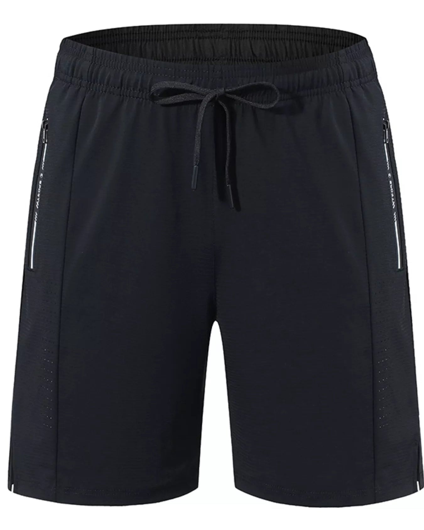 Black shorts with drawstring on a white background