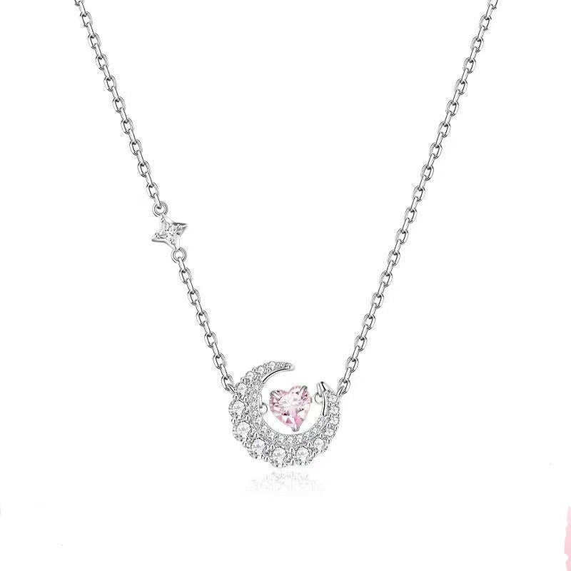 Phantom Dream Heart Moon Necklace with Zircon Inlay in Silver
