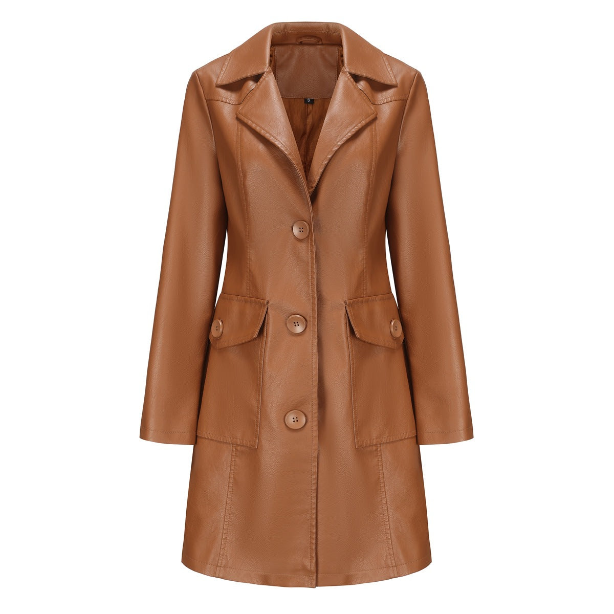 Women's Long Leather Trench Coat Button Front Outerwear