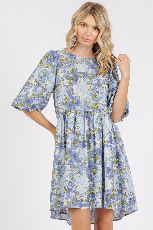 Floral Print Linen Blend Babydoll Mini Dress