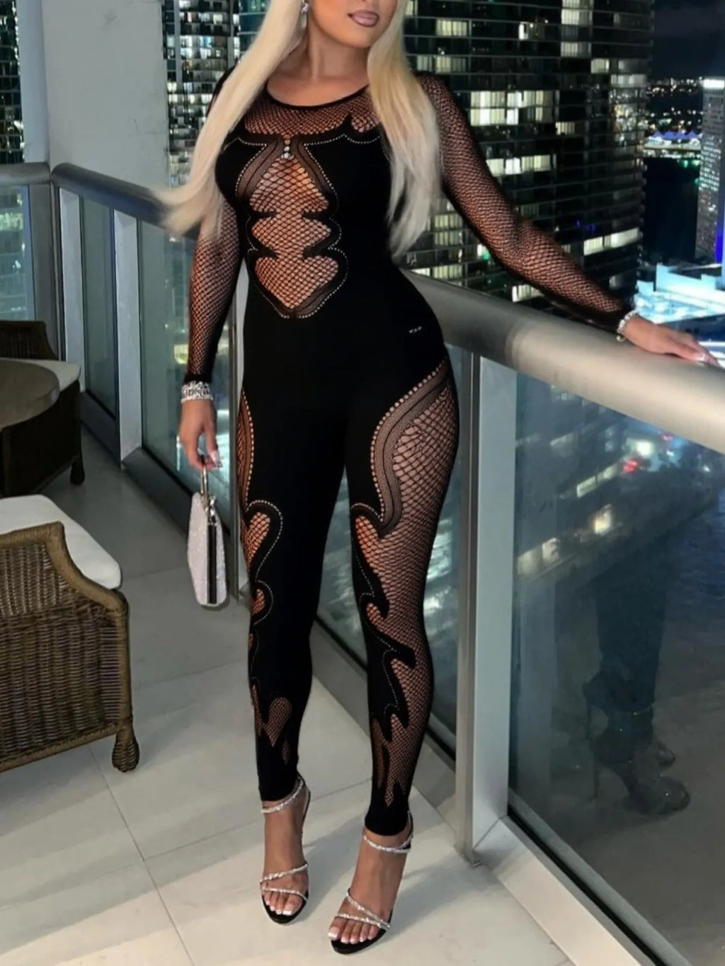 Fishing Net Sheer Long Sleeve Jumpsuit