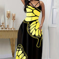 Black Butterfly Print V-Neck Long Skirt Dress for Women