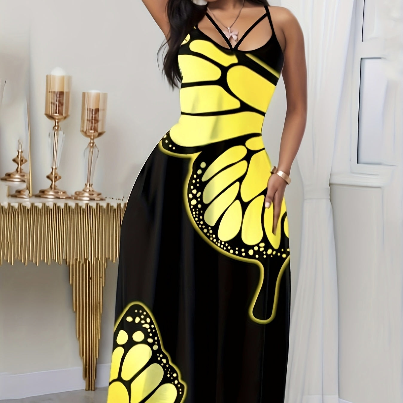 Black Butterfly Print V-Neck Long Skirt Dress for Women