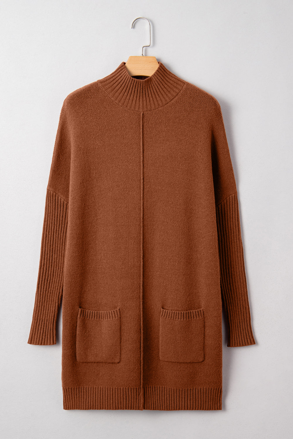 Women's Ribbed Mock Neck Sweater Dress in Brown and Red