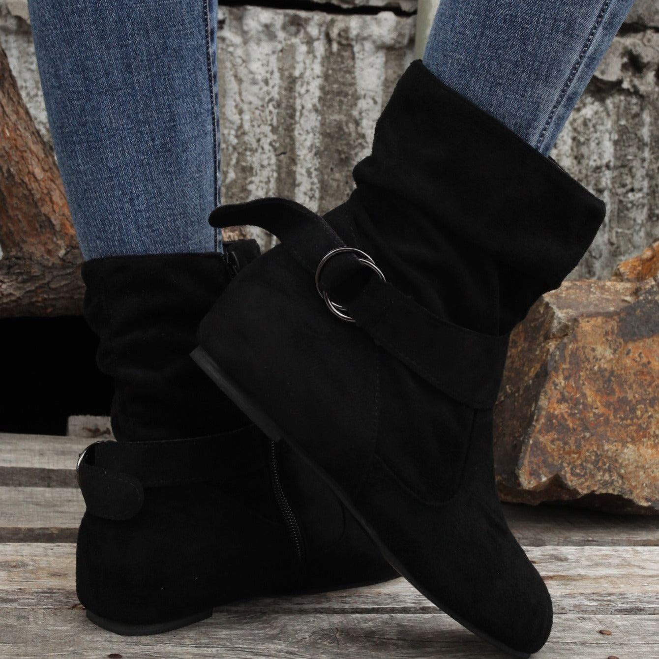 Women's Ankle Boots with Buckle Belt & Side Zip