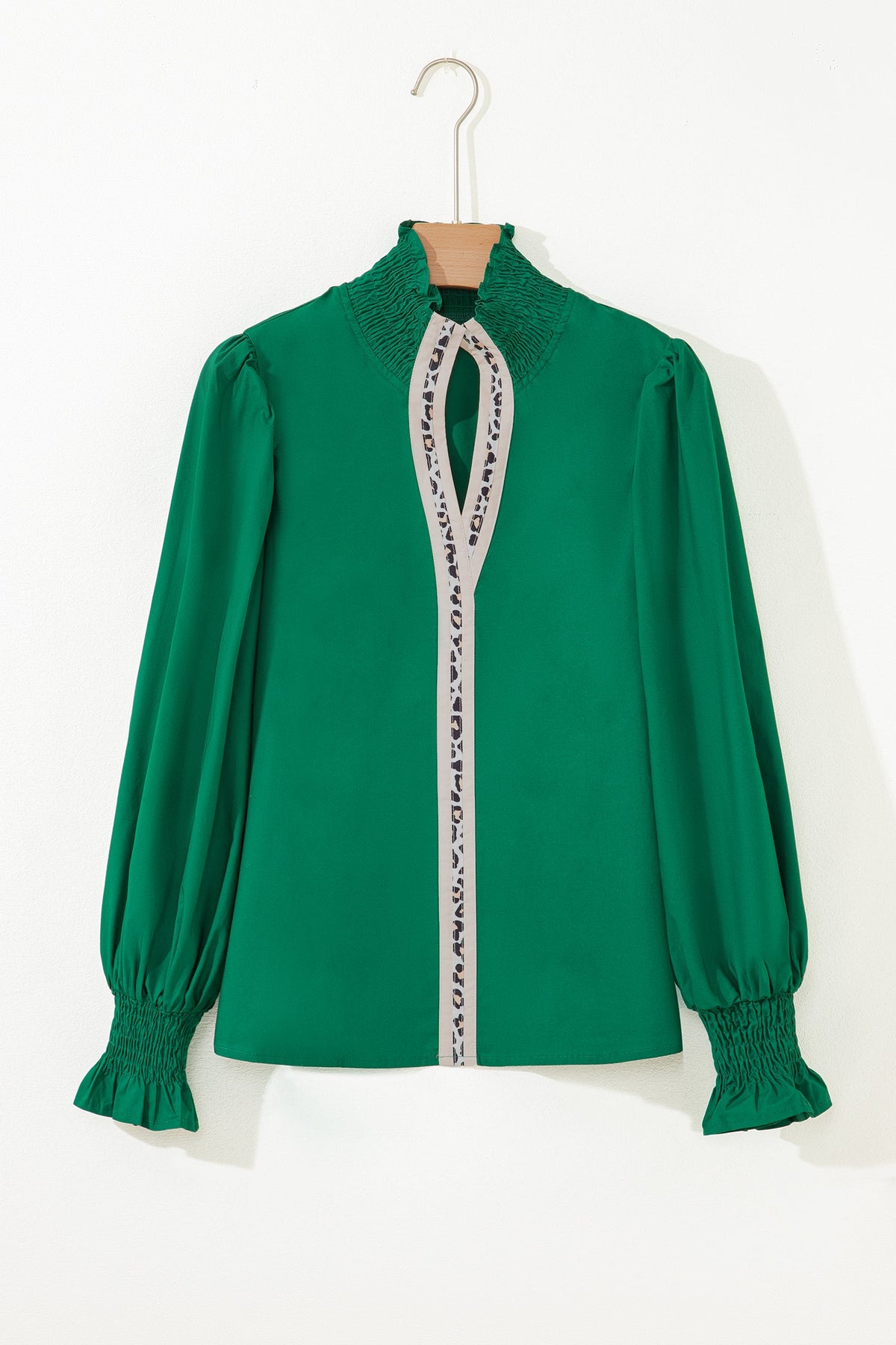 Leopard Trim V-Neck Puffy Flounce Sleeve Blouse
