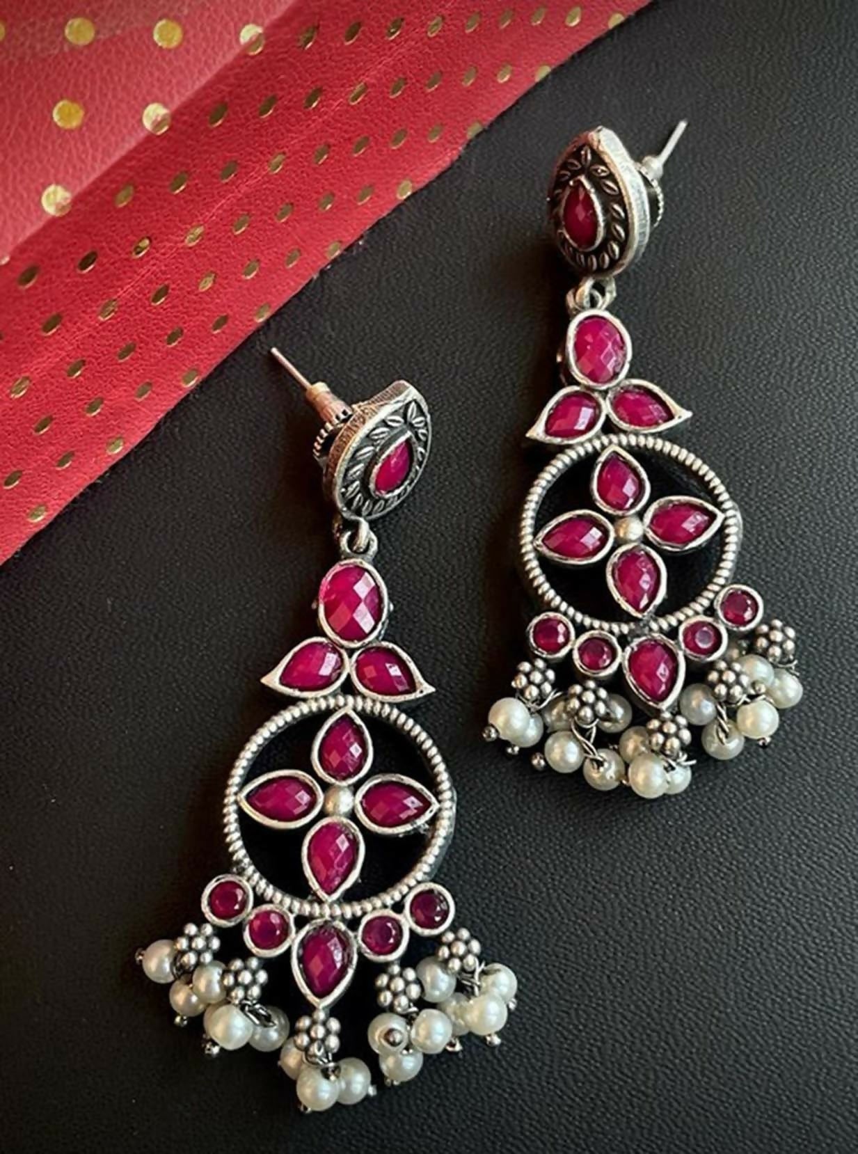 Pink Monalisa stone oxidized ethnic brass earrings for women