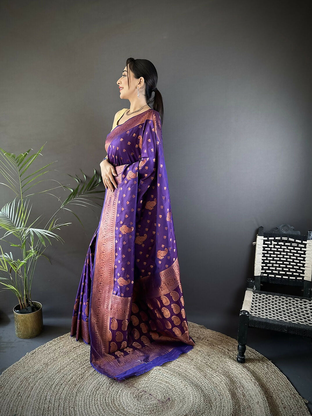 Banarasi Purple Woven Soft Silk Saree with Matching Blouse